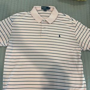 Men’s pink polo with blue and white stripes size medium